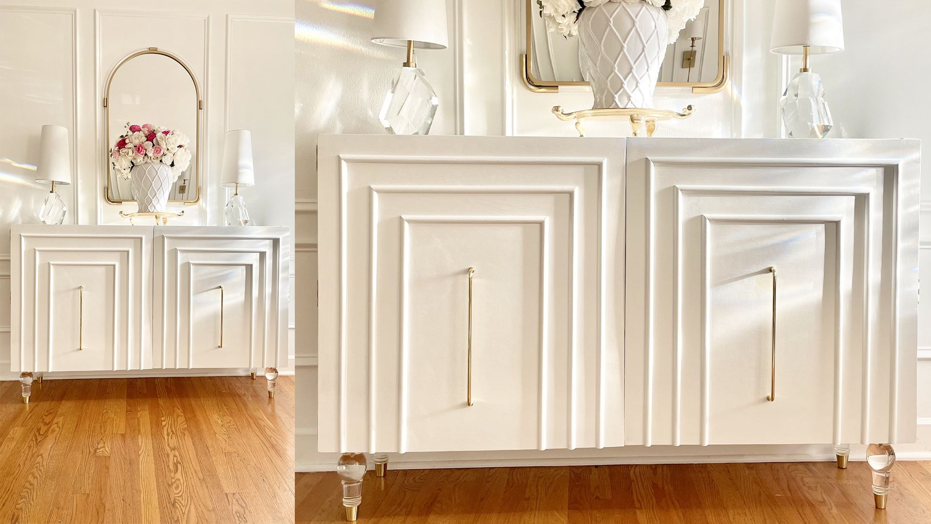 White glossy panelled console IKEA Kallax hack