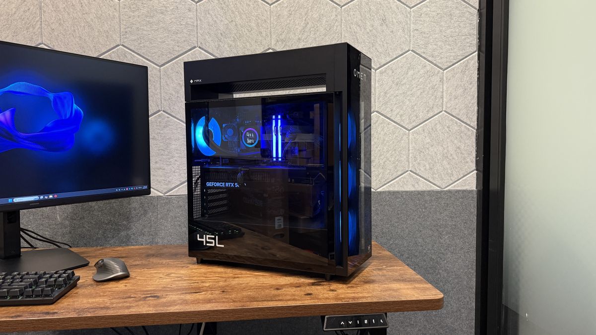 The HP Omen Max 45L gaming PC seen from the side on top of a desk