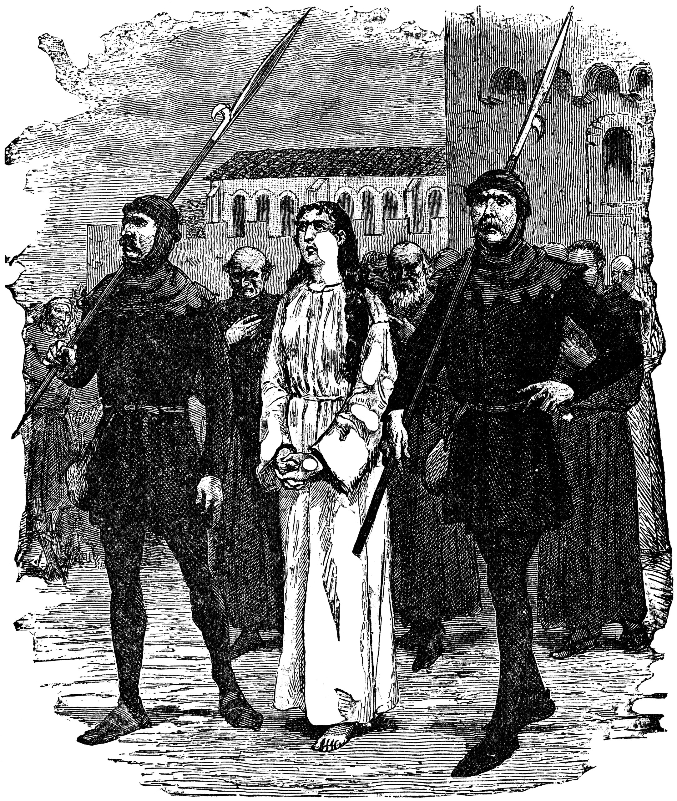 Engraving of Rebecca being taken to Her Witch Trial in Ivanhoe by Walter Scott