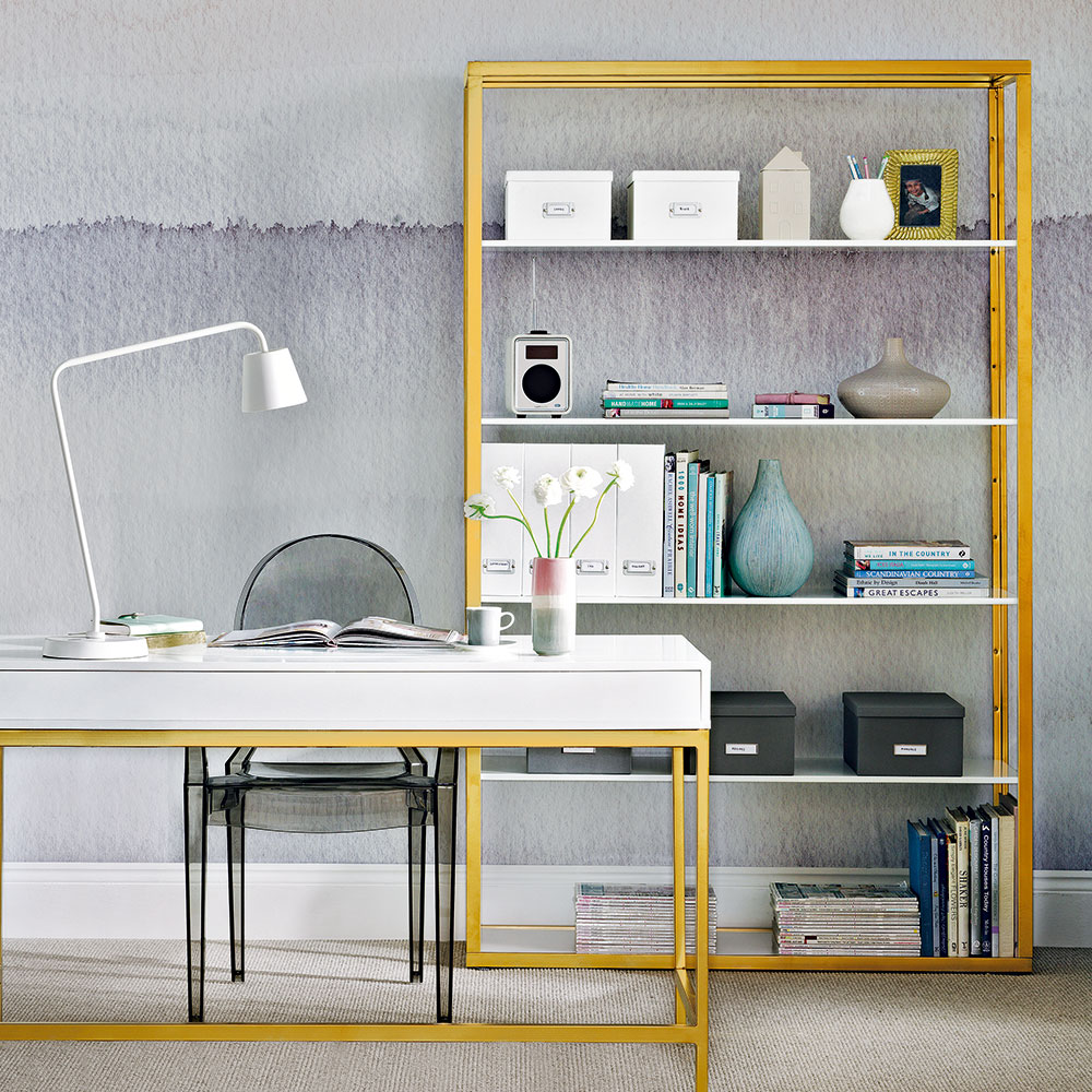 white table with chair and yellow shelf