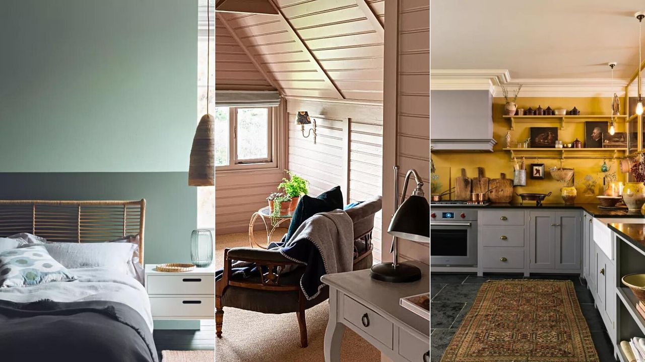 A two toned green bedroom, with a lighter color on the top half of the wall and darker color on the bottom half. a bed with a rustic wooden bed frame and low hanging rattan pendant. / A pink attic room with horizontal painted wood pannelling and a blue chair looking out of a window / a Yellow kitchen with rustic decor