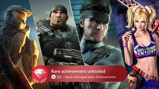 Master Chief, Marcus Fenix, Solid Snake, and Juliet Starling appear behind a rare Xbox achievement popup reading &ldquo;Most Unhinged Xbox Achievements.&rdquo;