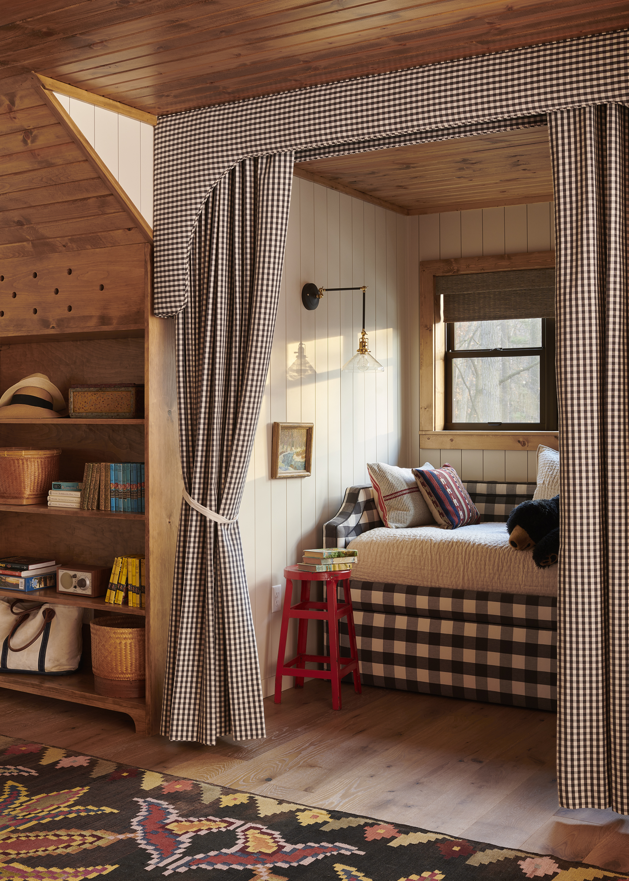 reading nook with modern pelmet idea and timber ceiling and walls