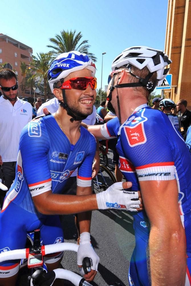 Nacer Bouhanni (FDJ.fr) celebrates with teamamte Laurent Mangel