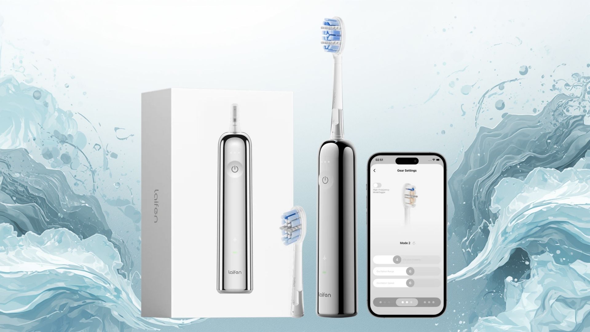 A Laifen electric toothbrush on an abstract blue background