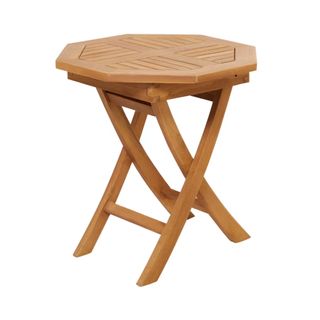 An octagonal and foldable wooden patio table