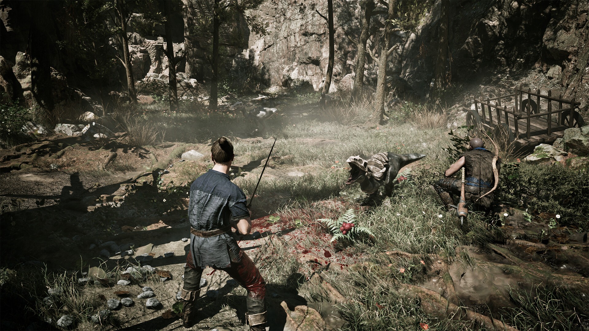 The player wields a sword in battle in the forest in Gothic 1 Remake