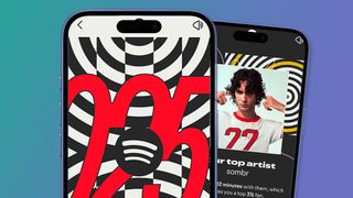 Two phones on a green and blue background showing Spotify Wrapped 2025