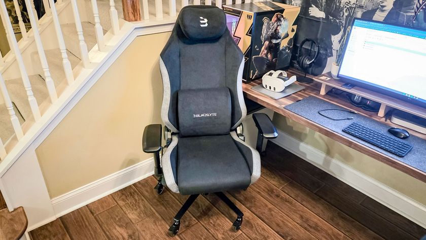 The Blacklyte Athena gaming chair in front of a desk