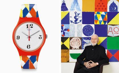 Bright swatch wrist watch on left and designer Joe Tilson on right