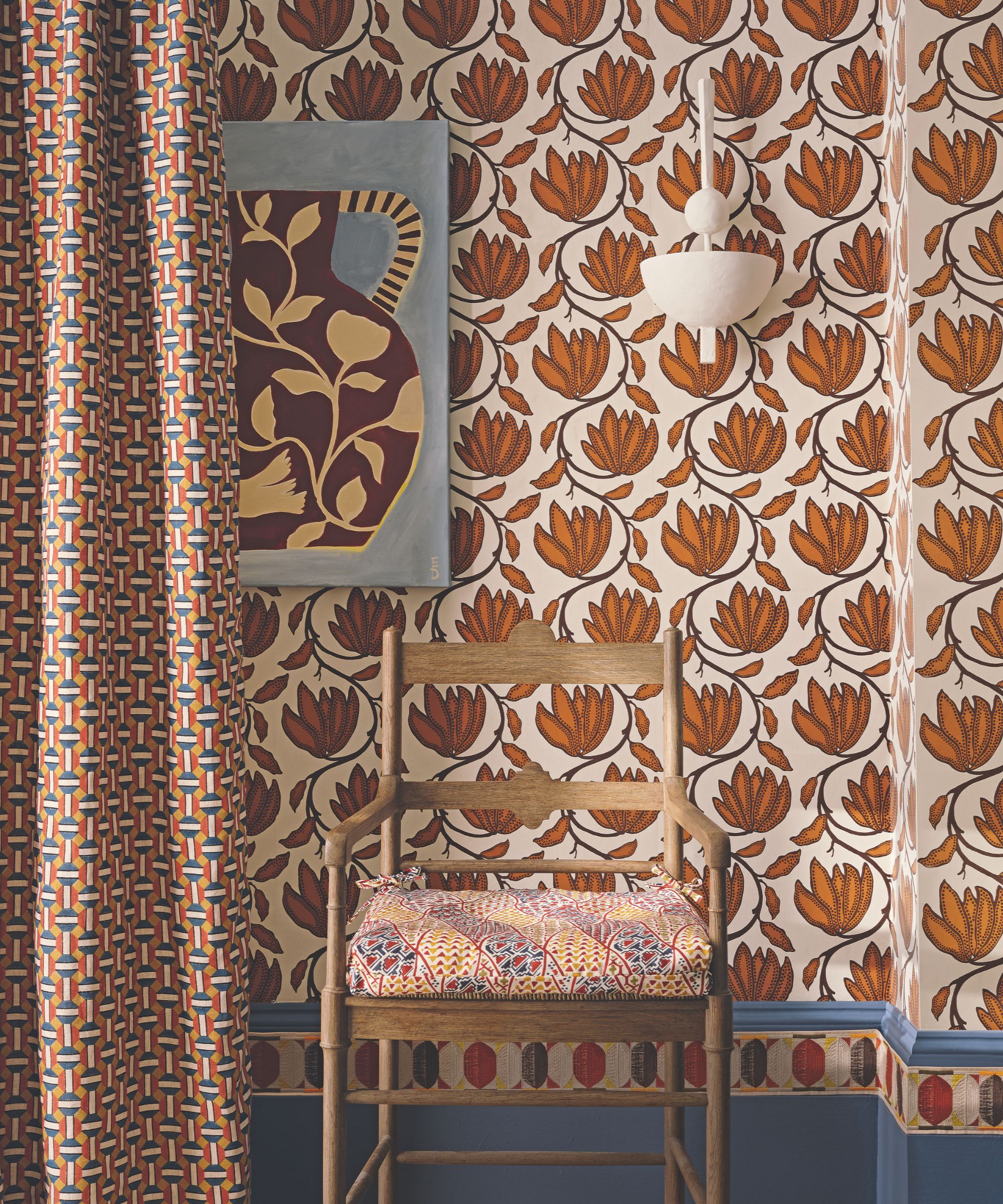 A simple chair with patterned seat cushion