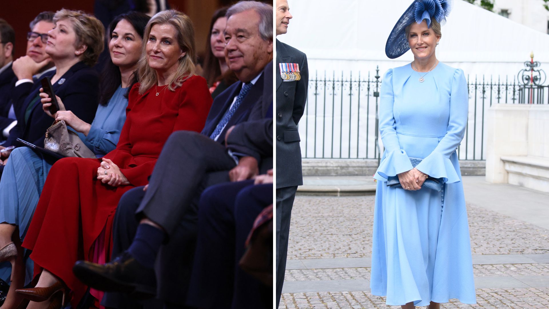 A composite of Duchess Sophie on two separate occasions wearing the same style dress, one in red and one in blue
