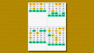 Quordle daily sequence answers for game 786 on a yellow background