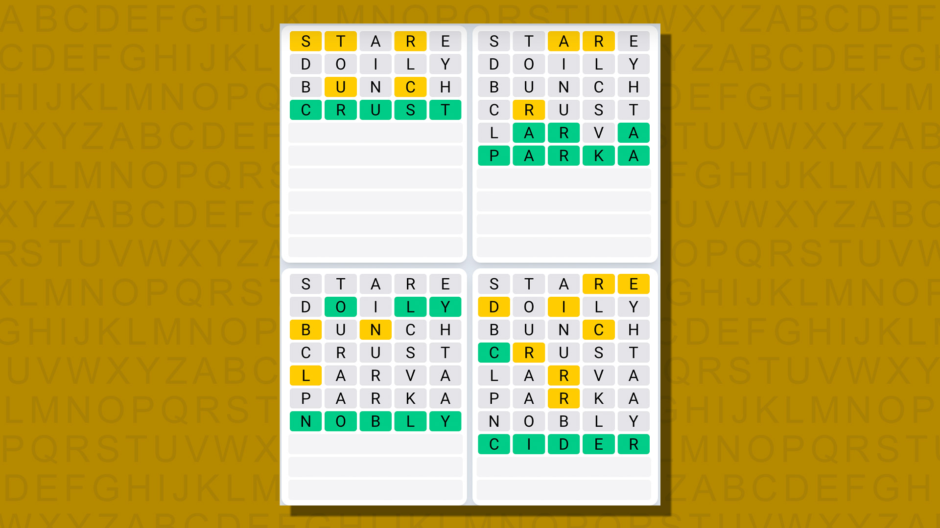 Respuestas de secuencia diaria de Quordle para el juego 786 sobre un fondo amarillo