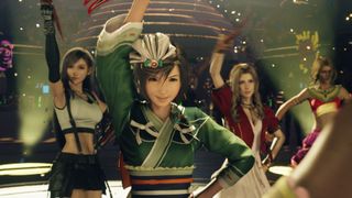 Promotional screenshot of Yuffie, Aerith, and Tifa dancing in Final Fantasy 7 Rebirth.