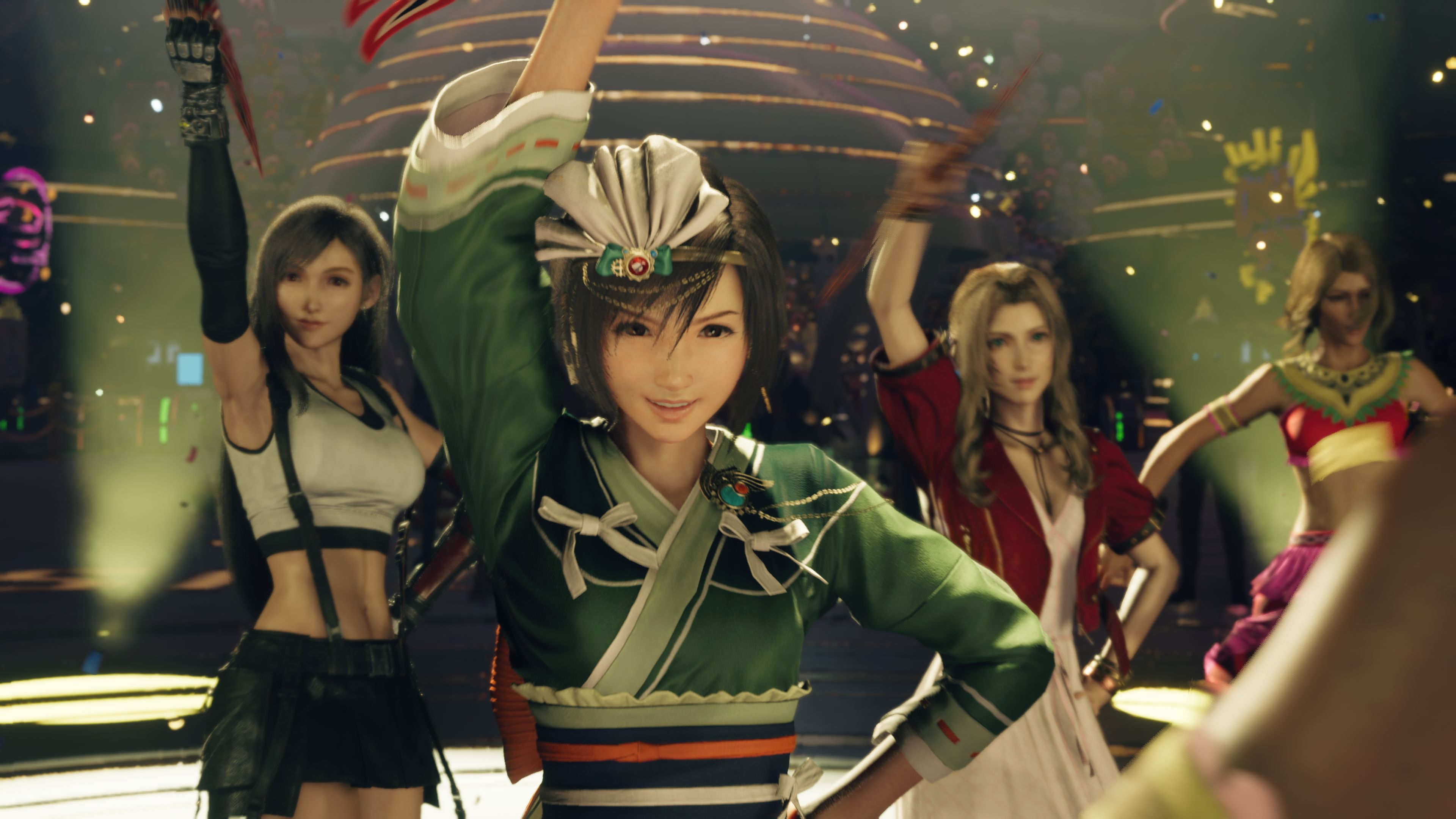 Promotional screenshot of Yuffie, Aerith, and Tifa dancing in Final Fantasy 7 Rebirth.