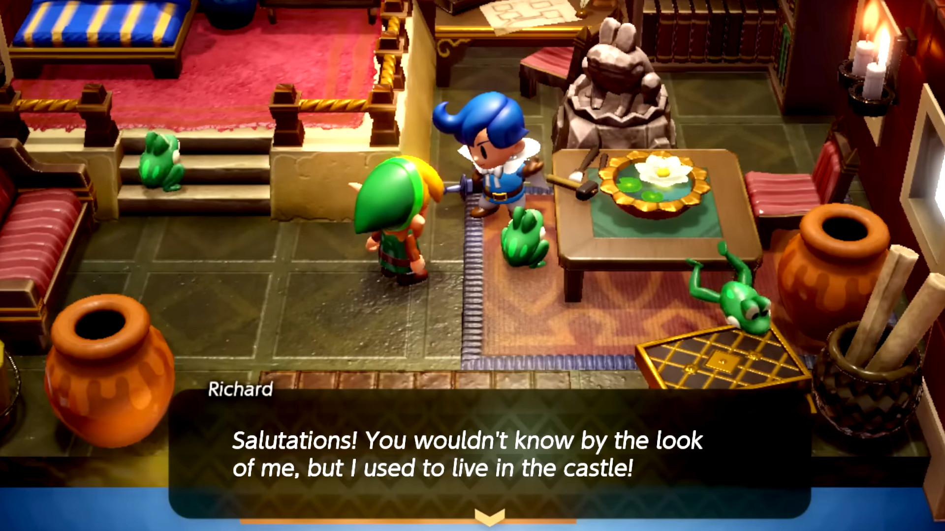 Link talking to the character Richard in his house during the family friendly RPG, The Legend of Zelda: Link's Awakening