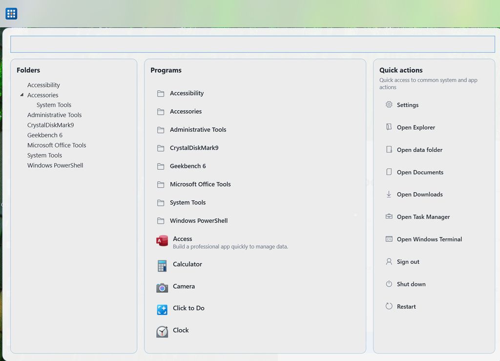 GroDock start menu with columns for folders, programs, and quick actions.