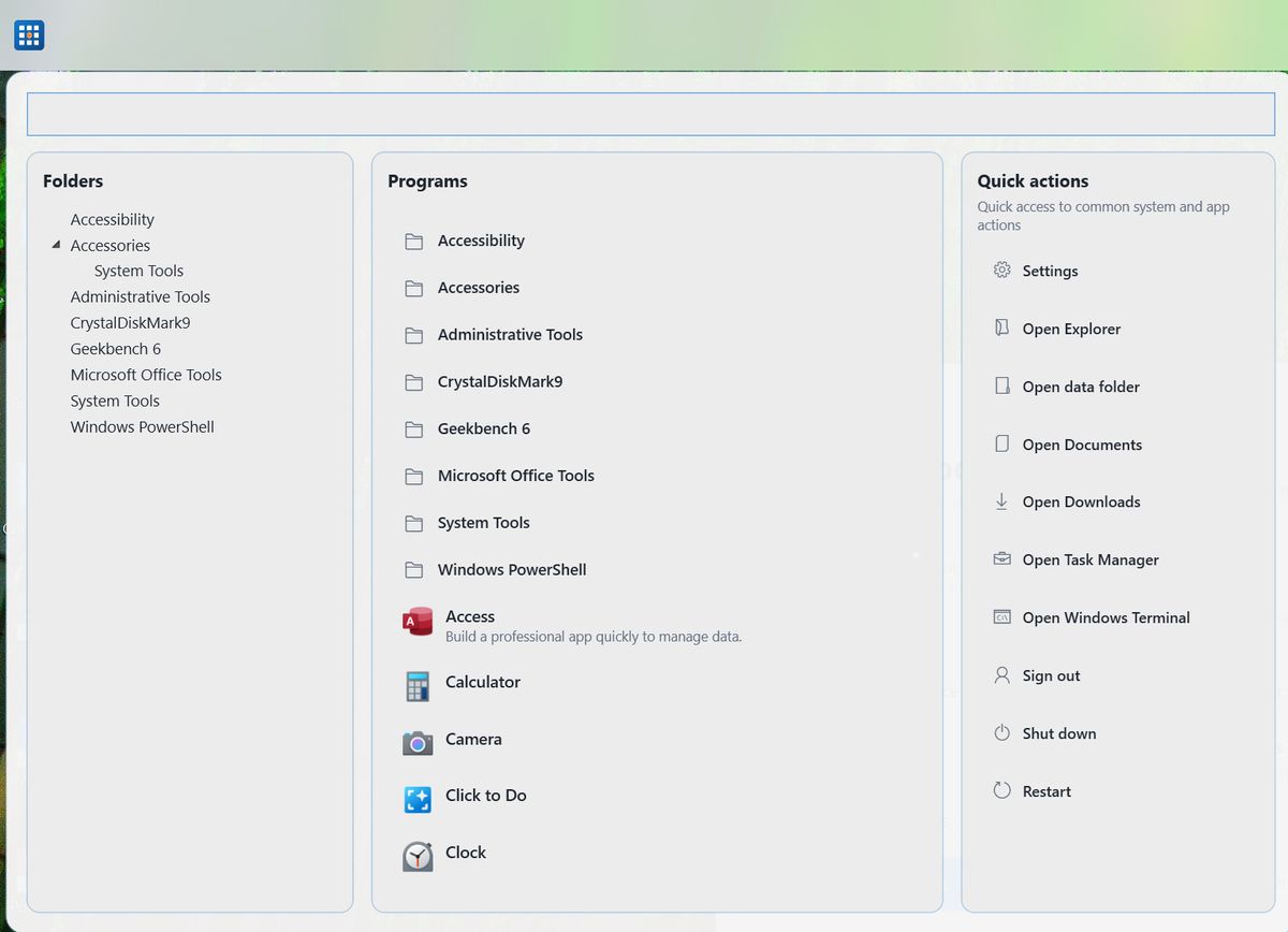 GroDock start menu with columns for folders, programs, and quick actions.