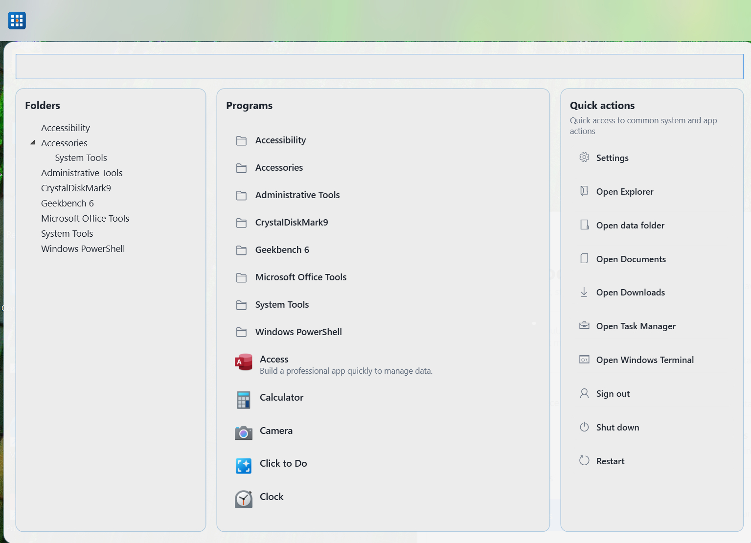 GroDock start menu with columns for folders, programs, and quick actions.