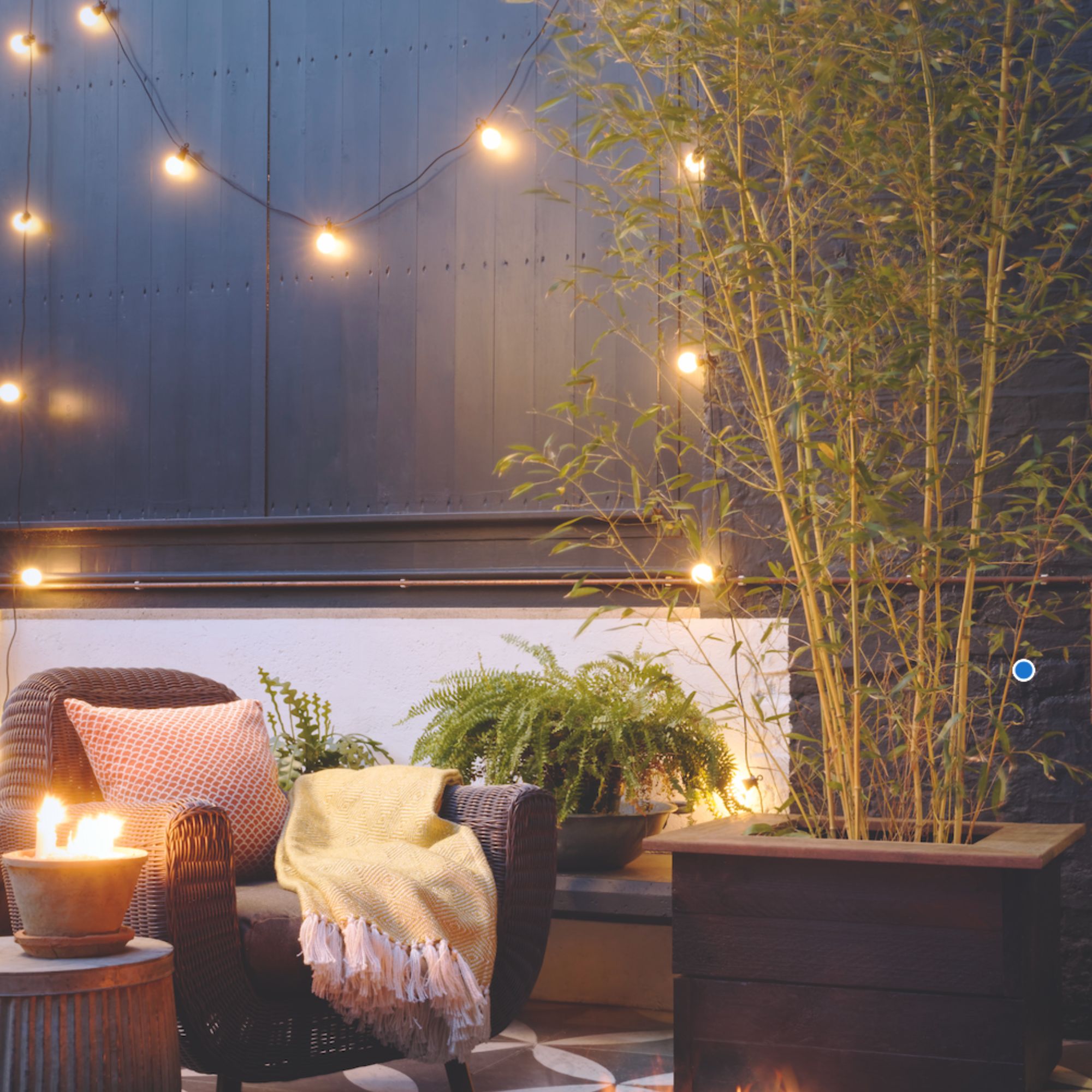 A string of fairy lights on a garden fence