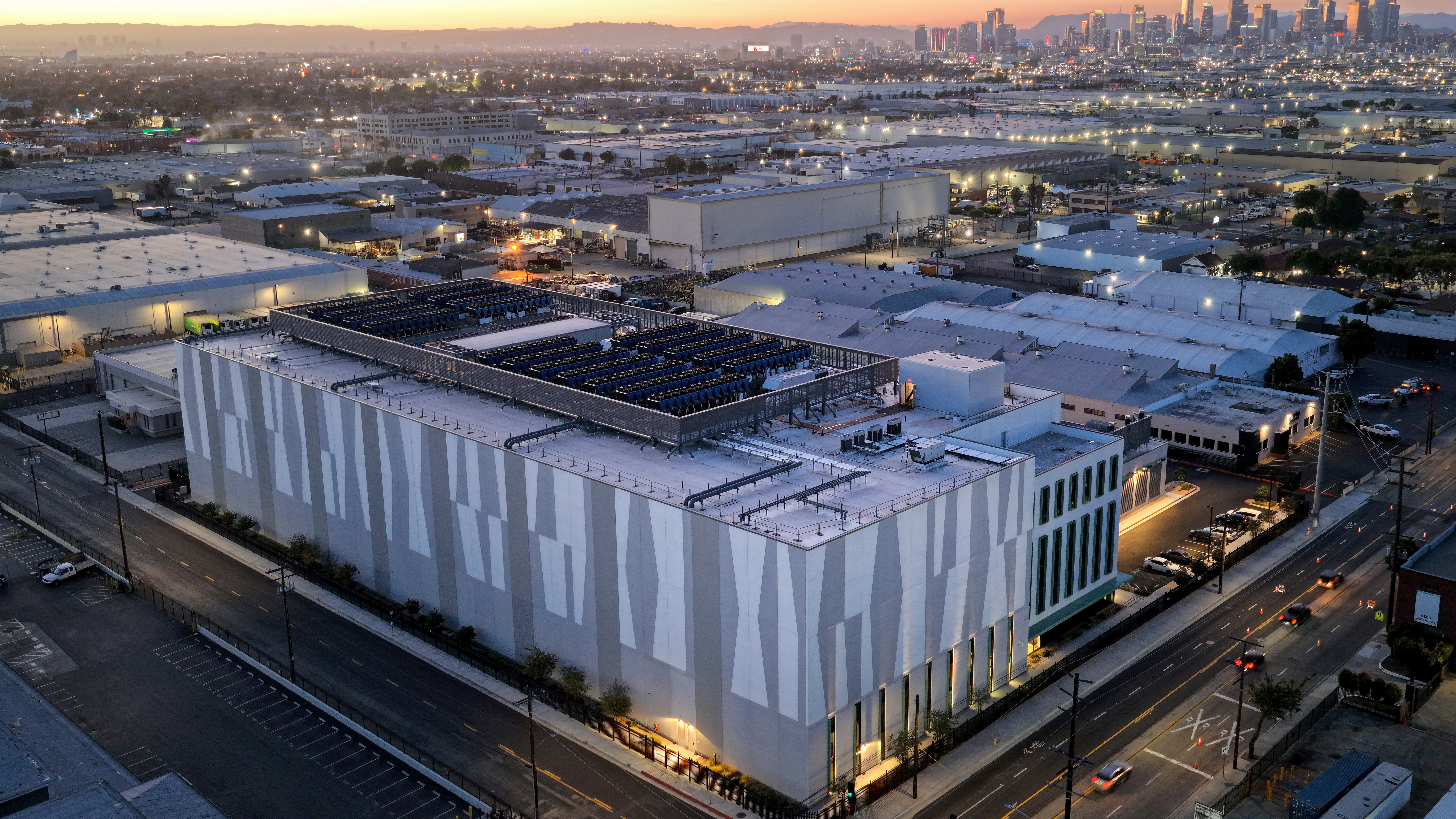 An aerial view of a 33 megawatt data center (LOWER C) with closed-loop cooling system on April 14, 2026 in Vernon, California.