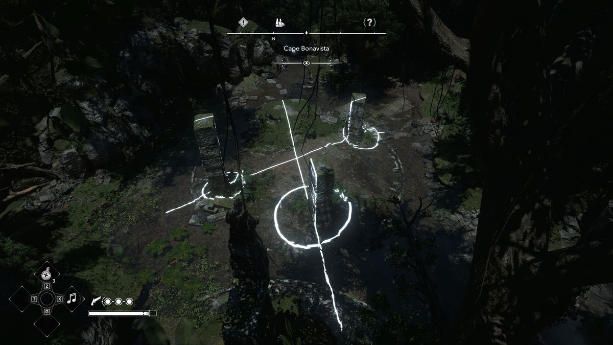 Black Flag Mayan stones: Edward crouched on top of the stele solving the puzzle in the ruins below.