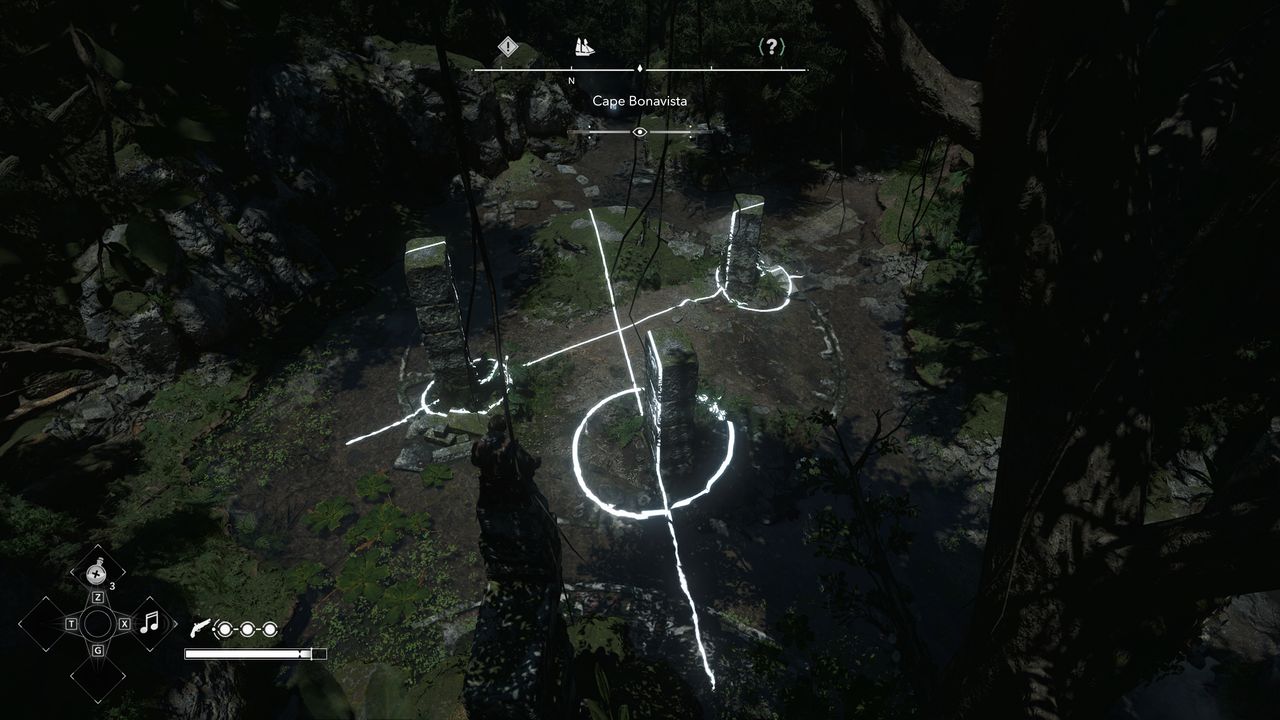 Black Flag Mayan stones: Edward crouched on top of the stele solving the puzzle in the ruins below.