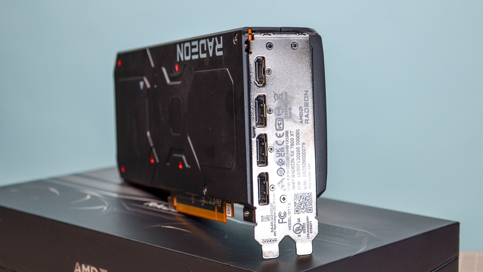 An AMD Radeon RX 7800 XT on a table