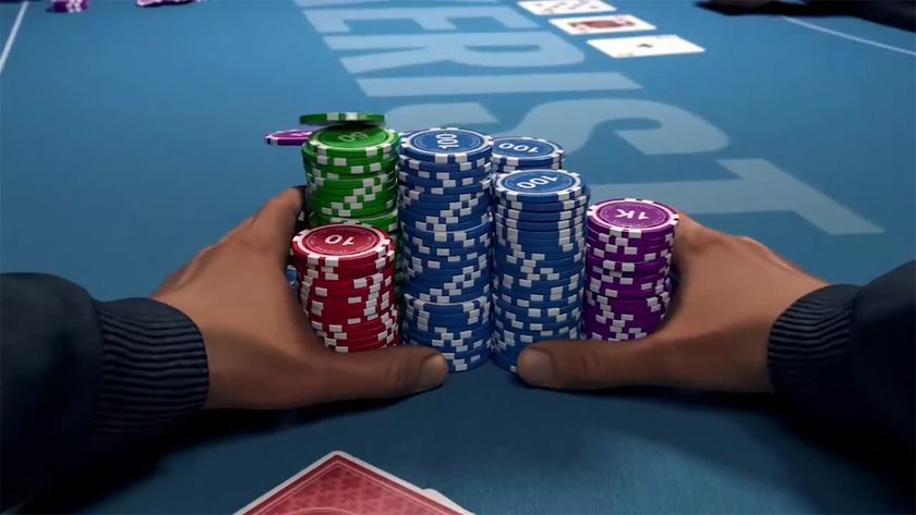 Hands pushing poker chips on a table