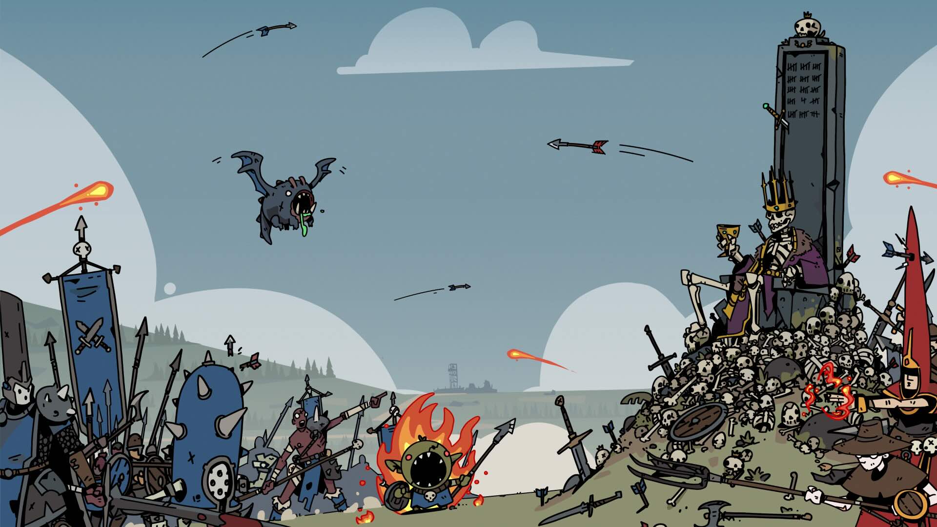 A skeleton king sat on a throne, surrounded by monsters battling.