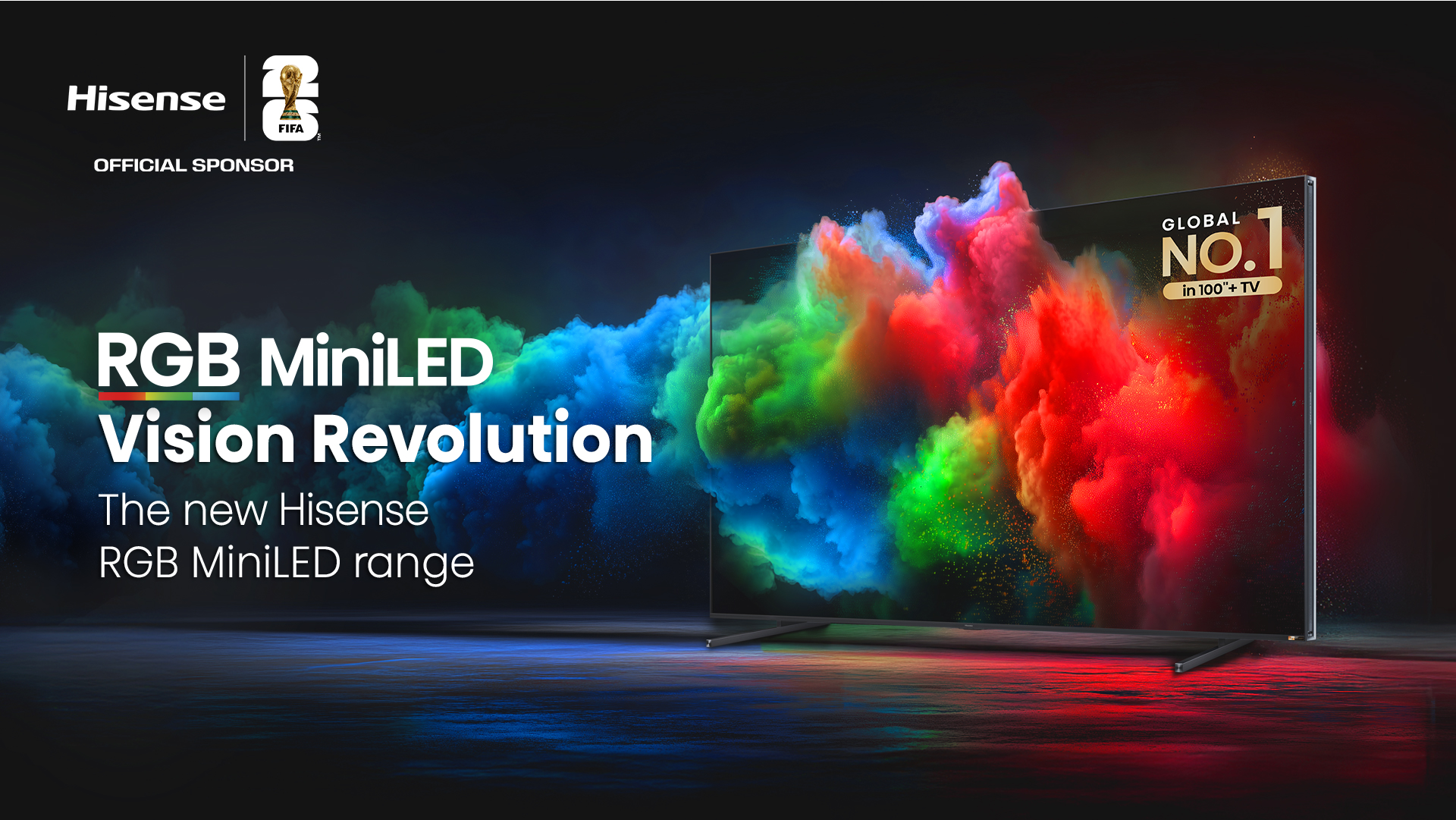 A Hisense RGB Mini LED TV with colours flowing from the screen, and writing that reads "RGB MiniLED Vision Revolution. The new Hisense RGB MiniLED range".