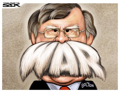 Political cartoon U.S. John Bolton nuclear war hawk mustache