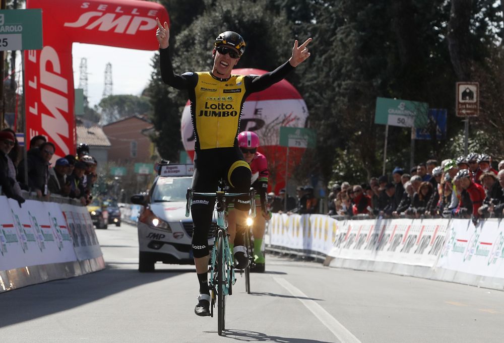 Pascal Eenkhoorn (LottoNL-Jumbo) wins the opening stage at Coppi e Bartali