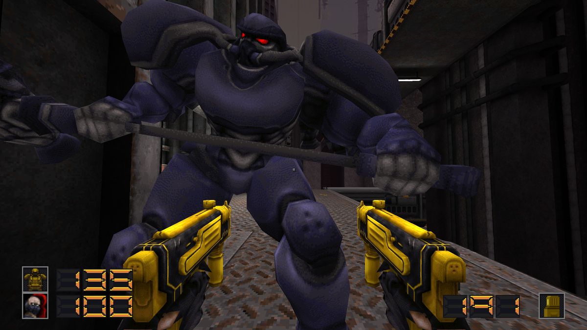Slave Zero X Quake mod gameplay showing surreal cyberpunk city