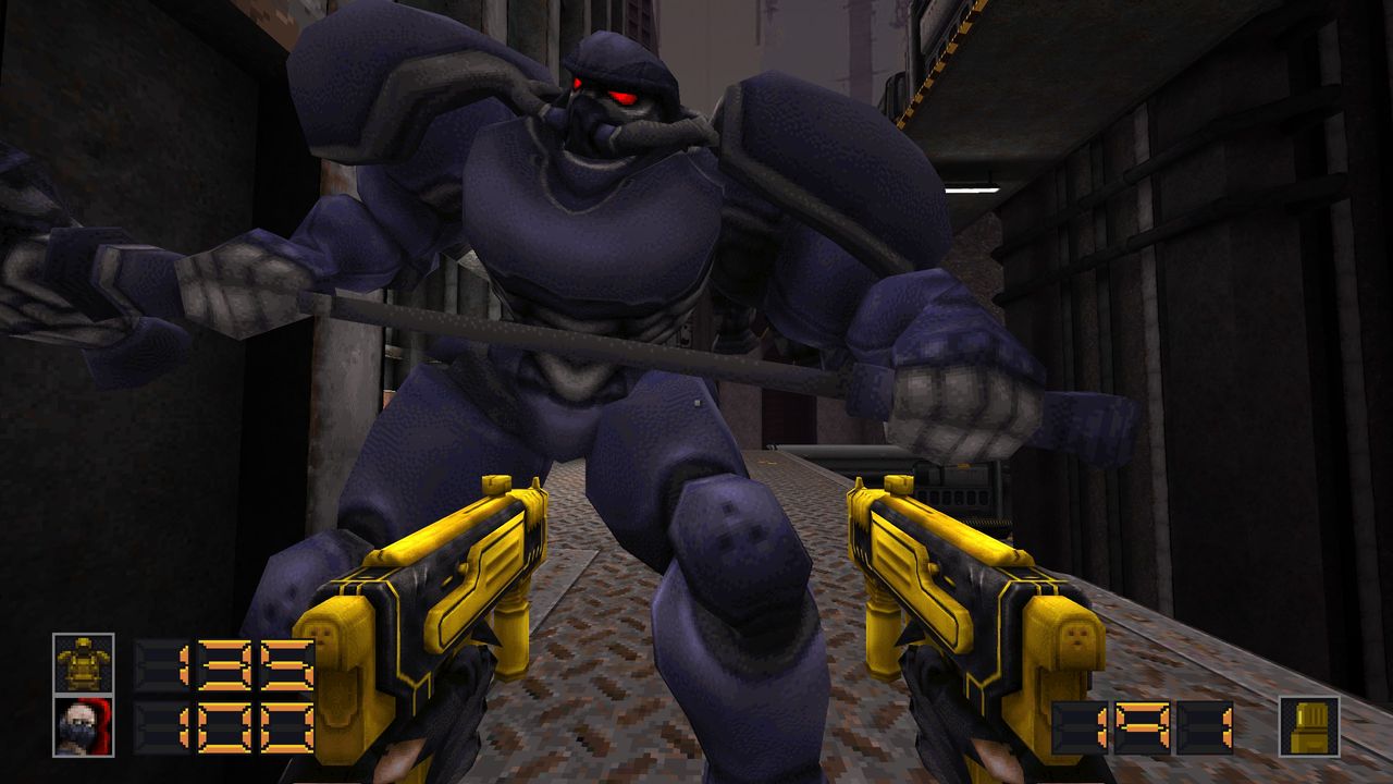 Slave Zero X Quake mod gameplay showing surreal cyberpunk city