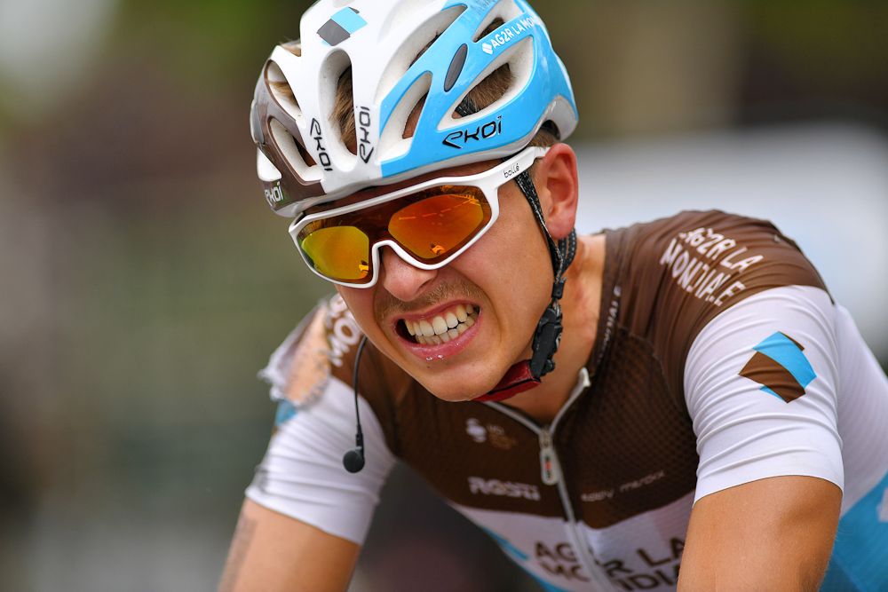 Benoit Cosnefroy shows signs of being caught up in the crash at the end of stage 2 at the Tour Down Under