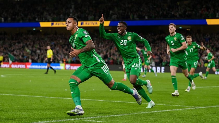  Adam Idah of Republic of Ireland, 10, celebrates with teammate Chiedozie Ogbene, 20, after scoring their side&#039;s second goal during the FIFA World Cup 2026 Group F qualifying match between Republic of Ireland and Hungary at the Aviva Stadium in Dublin. 