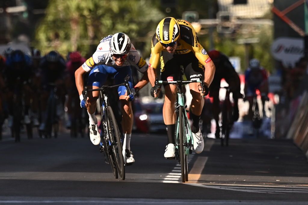 Wout van Aert (Jumbo Visma) beats Julian Alaphilippe (Deceuninck-QuickStep) to the line to win Milan-San Remo