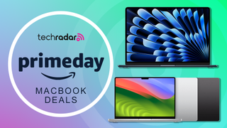 Various MacBooks on a multi-color Prime Day deals background