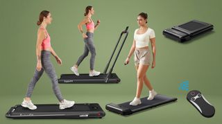 A selection of walking pads on a green background.