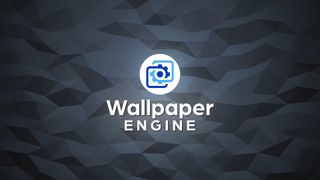 Dark geometric background with a blue camera icon inside a white circle in the center. Below, bold white text reads "Wallpaper Engine."