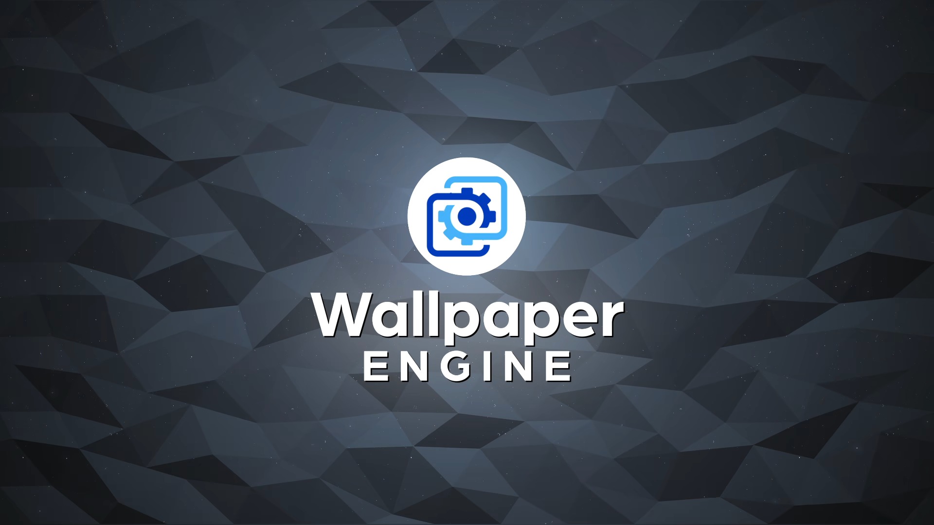 Dark geometric background with a blue camera icon inside a white circle in the center. Below, bold white text reads "Wallpaper Engine."