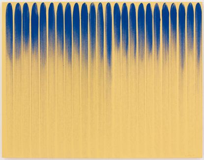 Image of canvas artwork- Yellow/cream background with Blue vertical sweeping brush lines