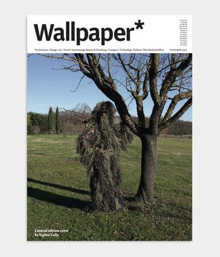 Sophie Calle Wallpaper* Magazine cover design featuring a self portrait of the artist disguised as a tree for the November 2020 issue