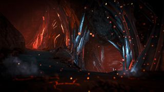 One of Ark's maps, The Island, with the player exploring one of its hotter areas surrounded by lava