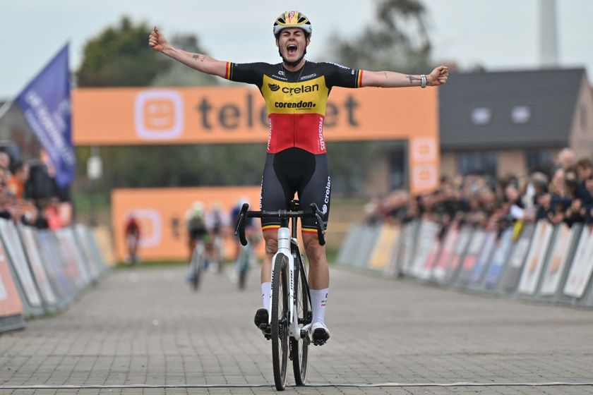 Belgian Marion Norbert Riberolle celebrates as she crosses the finish line to win the women elite race of the Cyclocross Ruddervoorde, Sunday 19 October 2025 in Ruddervoorde, stage 2 (out of 7) of the Superprestige cyclocross cycling competition.BELGA PHOTO LUC CLAESSEN (Photo by LUC CLAESSEN / BELGA MAG / Belga via AFP) (Photo by LUC CLAESSEN/BELGA MAG/AFP via Getty Images)
