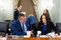 UNITED STATES - JUNE 18: Chairman Sen. Ted Cruz, R-Texas, and ranking member Sen. Maria Cantwell , D-Wash., talk before the start of the Senate Commerce, Science and Transportation Committee Thursday, June 18, 2026. (Bill Clark/CQ-Roll Call, Inc via Getty Images)