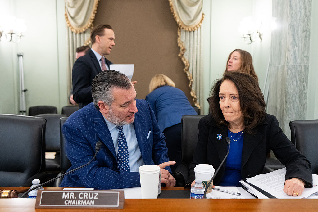 UNITED STATES - JUNE 18: Chairman Sen. Ted Cruz, R-Texas, and ranking member Sen. Maria Cantwell , D-Wash., talk before the start of the Senate Commerce, Science and Transportation Committee Thursday, June 18, 2026. (Bill Clark/CQ-Roll Call, Inc via Getty Images)