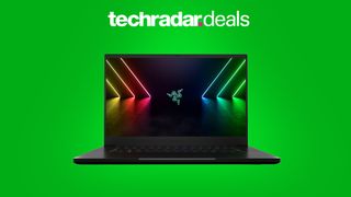 Razer Blade 15 2022 on bright green background with 'techradar deals' overlay